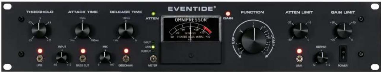 THRESHOLD ATTACK TIME RELEASE TIME EVENTIDE® INTERNATIONAL OMNIPRESSOR GAIN FUNCTION ATTEN LIMIT GAIN LIMIT INPUT MIX OUTPUT COMP EXP LINE BASS CUT SIDECHAIN METER LINK OUTPUT POWER