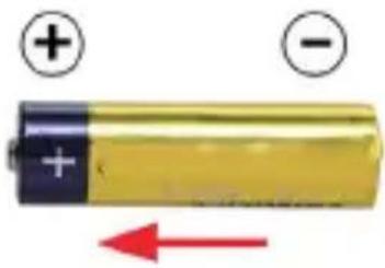 Battery diagram showing positive and negative terminals with a red arrow indicating current direction