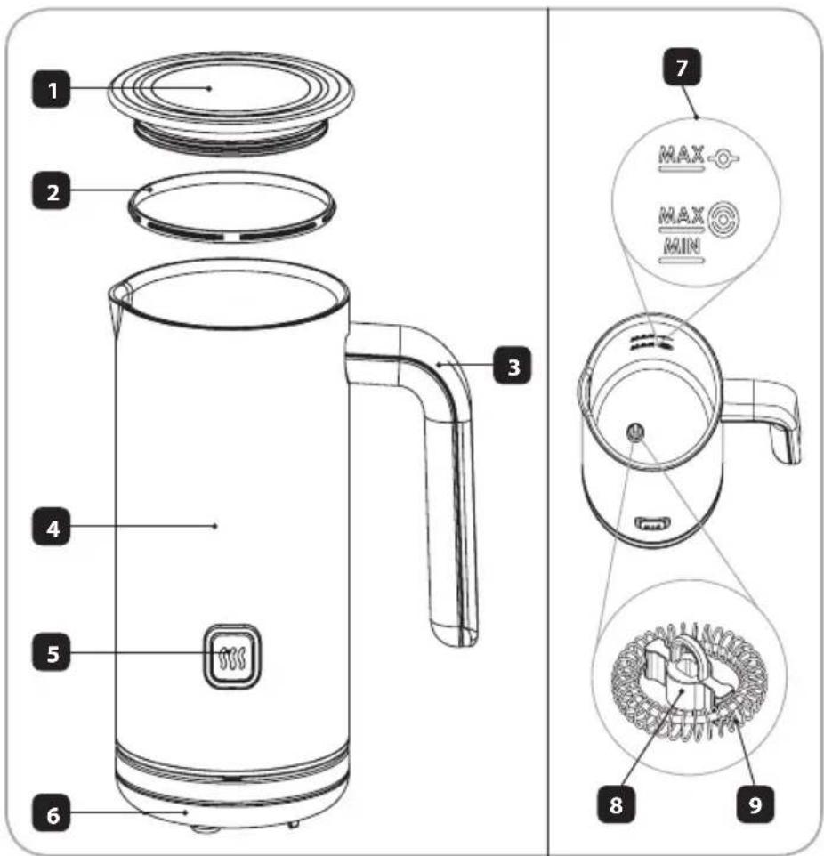Technical diagram of a water heater with labeled parts and exploded view showing internal components and mounting features.