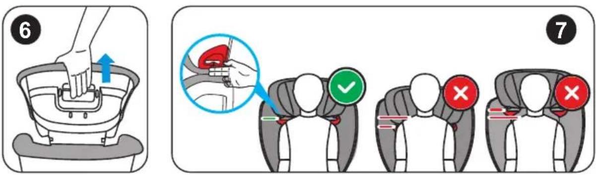 Diagram illustrating car seatbelt usage and safety check, showing hand placement, valve insertion, and three scenarios with checkmark and cross symbols.