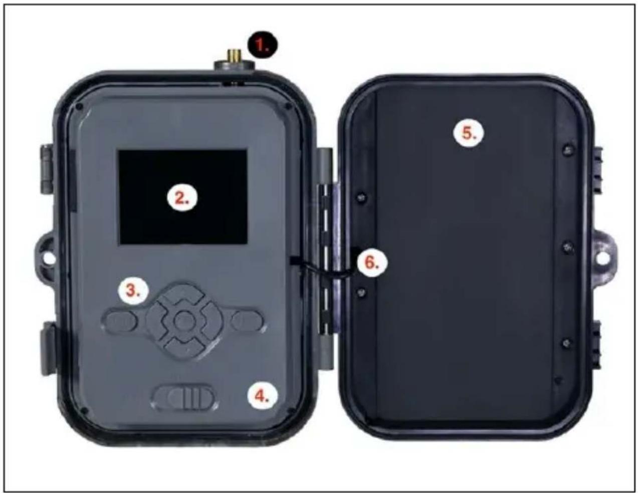 Diagram of a device with labeled parts, showing front and side views of a black plastic enclosure containing digital display and control buttons.