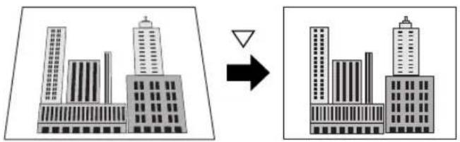 Diagram showing building transformation from a 3D model to a 2D model with a downward arrow and triangle symbol
