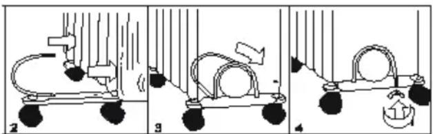 Diagram illustrating three sequential steps of a mechanical or hydraulic system with labeled components and directional arrows.