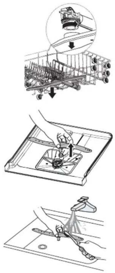 Technical diagram illustrating three-step cleaning and assembly process for a mechanical device, with labeled components and directional arrows.
