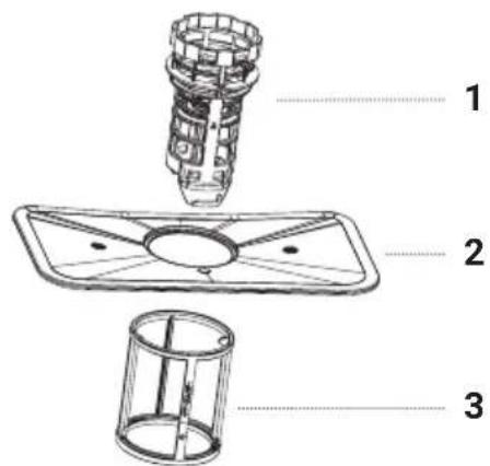 Technical diagram of a mechanical assembly with labeled parts 1, 2, and 3
