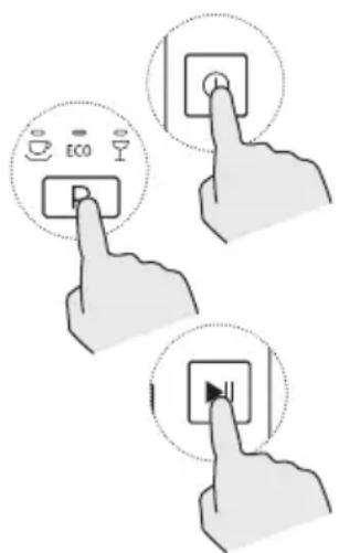 Diagram showing three-step hand press application: click, press, and click with icons for eco, wine, and media.
