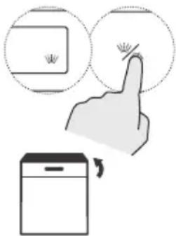 Diagram showing a hand pressing a button with a magnified view of a device, likely illustrating a touch or press operation.