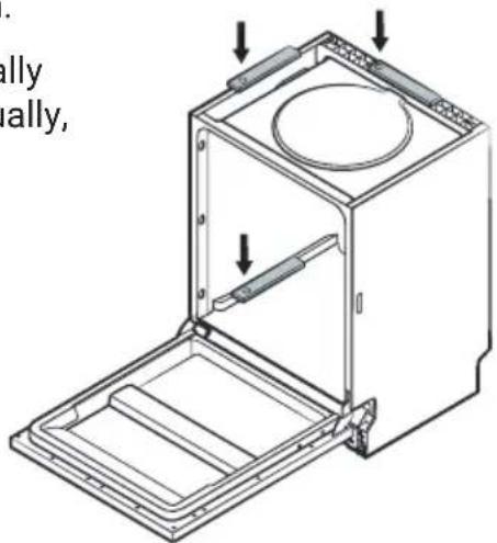 Technical diagram of a washing machine with labeled components and directional arrows indicating assembly or installation.