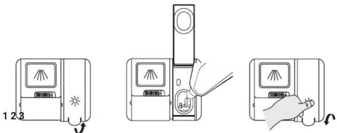 Diagram showing three steps of a device operation: opening, adjusting the button, and adjusting the handle.