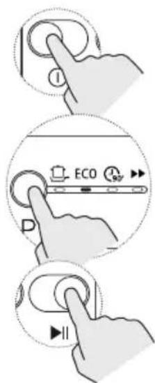 Diagram showing three-step hand press application: scroll, ECO control, and scroll with play button