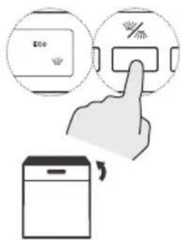 Diagram showing a hand pressing a button on a device with a 'OK' label and a warning symbol, next to a battery icon.