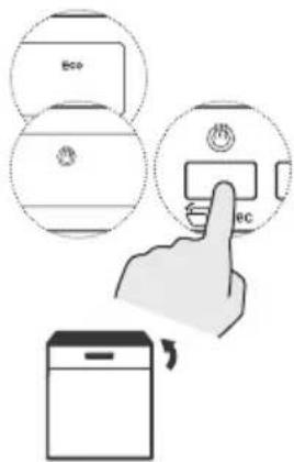 Diagram showing a hand pressing a PC control panel with icons for eco, battery, and power switch, alongside a battery icon.