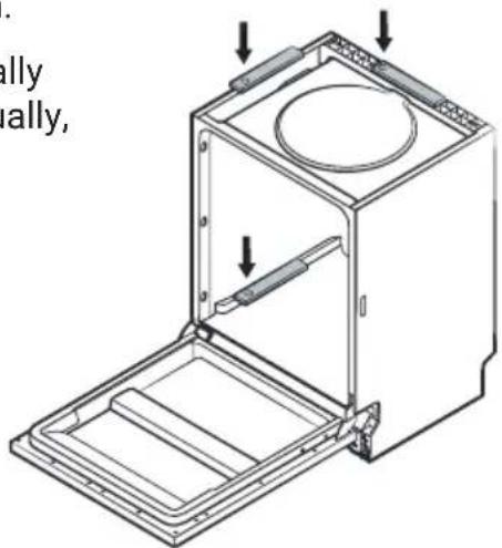 Technical diagram of a multi-chamber refrigerator with labeled parts and directional arrows indicating assembly or installation.