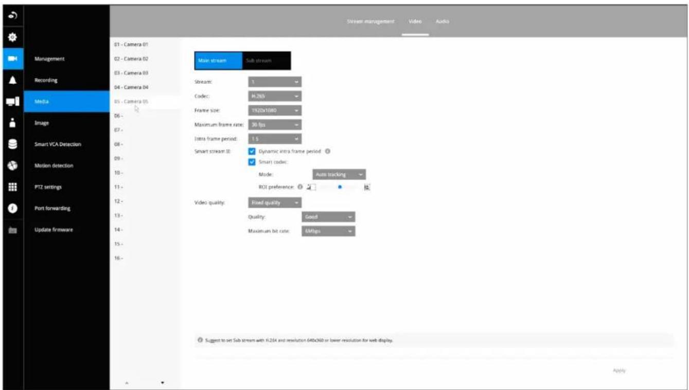 Stream management Video Audio Management 01 - Camera 01 02 - Camera 02 03 - Camera 03 Recording 04 - Camera 04 Media 05 - Camera 05 Image 06 - Smart VCA Detection 07 - Motion detection 08 - PTZ settings 09 - Port forwarding 10 - Update firmware 01 - Main stream Sub stream Stream: 1 Codec: H.285 Frame size: 1920x1080 Maximum frame rate: 30 fps Jtra frame period: 1 S Smart stream II: ✓ Dynamic intra frame period ? ✓ Smart codec: Mode: Auto tracking ROI preference: Video quality: Rised quality Quality: Good Maximum bit rate: 4Mfps ✓ Suggest to set Sub stream with HL284 and resolution 640x360 or lower resolution for web display. Apply