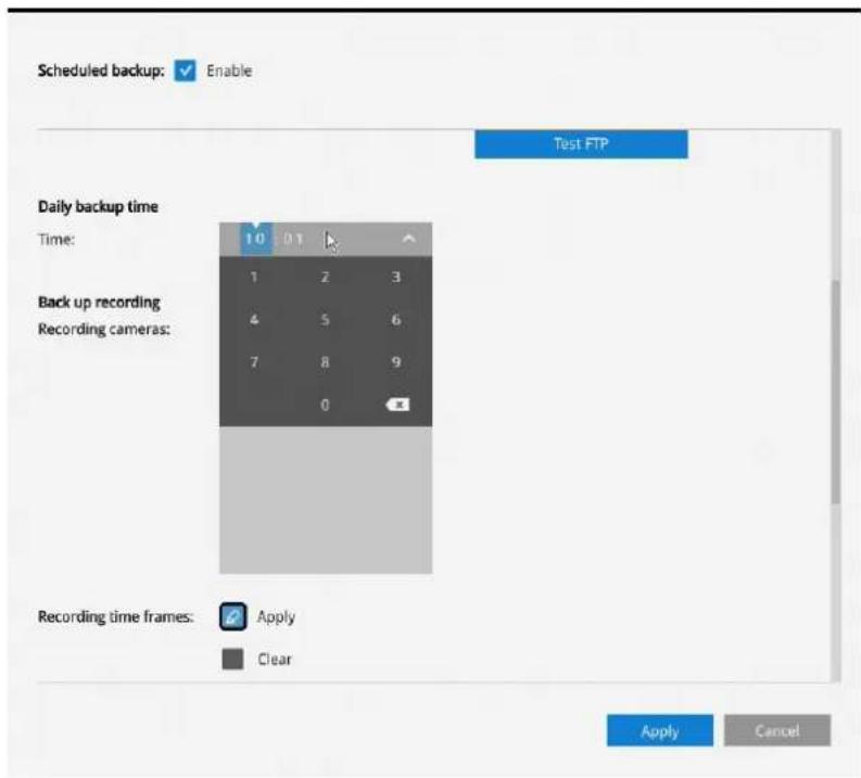Scheduled backup: ✓ Enable Test FTP Daily backup time Time: 10 01 Back up recording Recording cameras: 1 2 3 4 5 6 7 8 9 0 Recording time frames: ✓ Apply Clear Apply Cancel