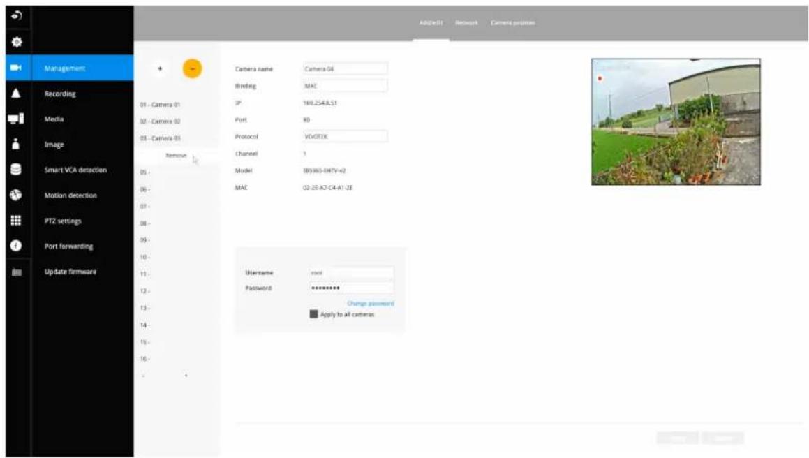 Management Recording Media Image Smart VCA detection Motion detection PTZ settings Port forwarding Update firmware 01 - Camera 01 02 - Camera 02 03 - Camera 03 Remove Camera name Camera 04 Binding MAC IP 168.254.B.S1 Port 80 Protocol VVDFEK Channel 9 Model BB9X65-8M7Y-v2 MAC 03-25-A7-C4-A1-2E Username root Password ********* Change password Apply to all cameras