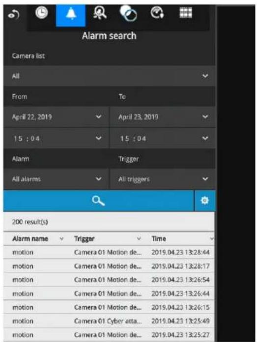 Alarm search Camera list All From To April 22, 2019 April 23, 2019 15 : 04 15 : 04 Alarm Trigger All alarms All triggers 200 result(s) Alarm name Trigger Time motion Camera 01 Motion de... 2019.04.23 13:28:44 motion Camera 01 Motion de... 2019.04.23 13:28:17 motion Camera 01 Motion de... 2019.04.23 13:26:54 motion Camera 01 Motion de... 2019.04.23 13:26:44 motion Camera 01 Motion de... 2019.04.23 13:26:15 motion Camera 01 Cyber atta... 2019.04.23 13:25:49 motion Camera 01 Motion de... 2019.04.23 13:25:27