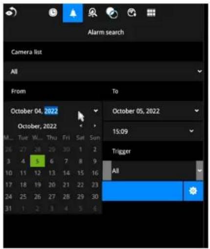 Alarm search Camera list All From October 04, 2022 October, 2022 M... Tue W... Thu Fri Sat Sun 16 27 28 29 30 1 2 3 4 5 6 7 8 9 10 11 12 13 14 15 16 17 18 19 20 21 22 23 24 25 26 27 28 29 30 31 1 2 3 4 5 6 To October 05, 2022 15:09 Trigger All