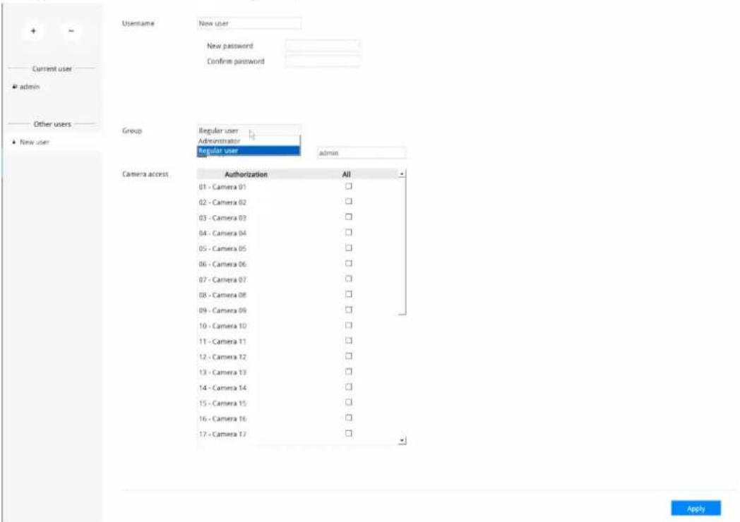 Username New user New password Confirm password Current user admin Other users New user Group Regular user Administrator Regular user admin Camera access Authorization All 01 - Camera 01 □ 02 - Camera 02 □ 03 - Camera 03 □ 04 - Camera 04 □ 05 - Camera 05 □ 06 - Camera 06 □ 07 - Camera 07 □ 08 - Camera 08 □ 09 - Camera 09 □ 10 - Camera 10 □ 11 - Camera 11 □ 12 - Camera 12 □ 13 - Camera 13 □ 14 - Camera 14 □ 15 - Camera 15 □ 16 - Camera 16 □ 17 - Camera 17 □ Apply