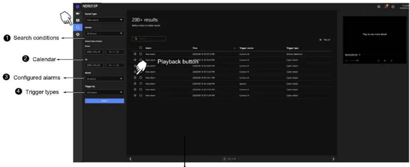 ND9213P Search Type Alarm search Resource All services Select Time Frame From: 2000/04/18 16:17:00 To: 2000/04/22 16:17:00 Alerts All alarms Trigger by All Triggers Search 200+ results Before extra for better results Play off Playback button Search conditions Calendar Configured alarms Trigger types New alarm 200000*18 03:18:19 PM Current R2 Motion selection New alarm 200000*18 03:18:20 PM Current R3 Cyber attack New alarm 200000*18 03:18:21 PM Current R4 Cyber attack New alarm 200000*18 03:15:24 PM Current R5 Cyber attack New alarm 200000*18 03:13:31 PM Current R6 Cyber attack New alarm 200000*18 03:12:44 PM System Cyber attack New alarm 200000*18 03:12:55 PM Current R7 Cyber attack New alarm 200000*18 03:11:59 PM Current R8 Cyber attack