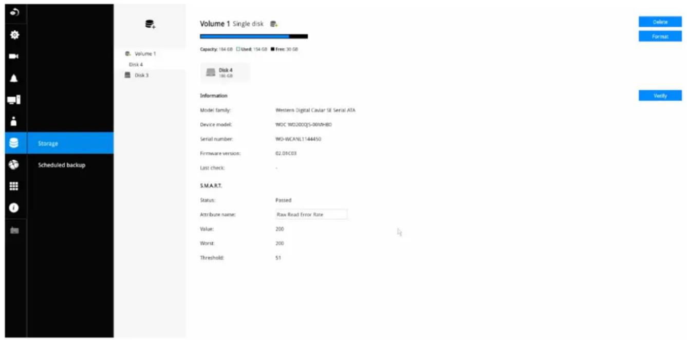 Volume 1 Single disk Capacity: 184 GB □ Used: 154 GB ■ Free: 30 GB Disk 4 186 GB Information Model family: Western Digital Caviar SE Serial ATA Device model: WDC WD2000JS-00MHB0 Serial number: WD-WC/NE1144450 Firmware version: 02.01C03 Last check: S.M.A.R.T. Status: Passed Attribute name: Raw Read Error Rate Value: 200 Worst: 200 Threshold: 51