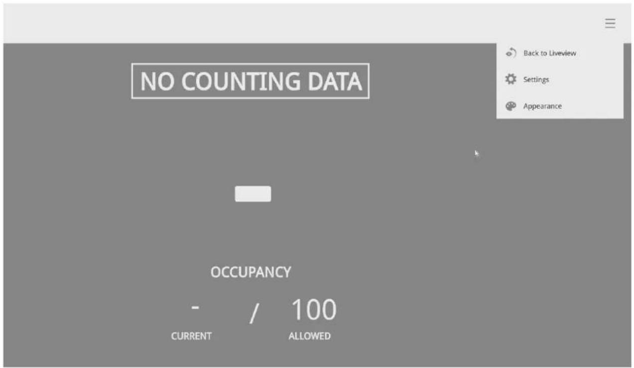 NO COUNTING DATA OCCUPANCY - / 100 CURRENT ALLOWED Back to Liveview Settings Appearance