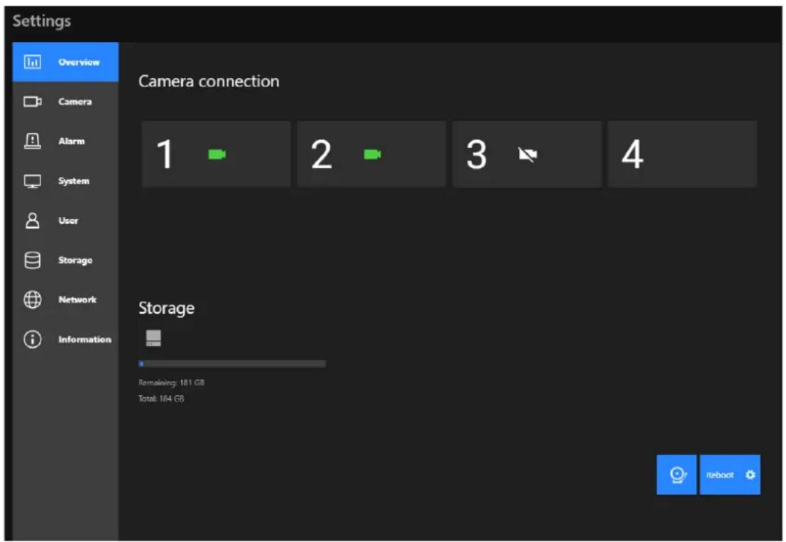 Settings Overview Camera connection 1 2 3 4 Storage Remaining: 101 GB Total: 184 GB Reboot