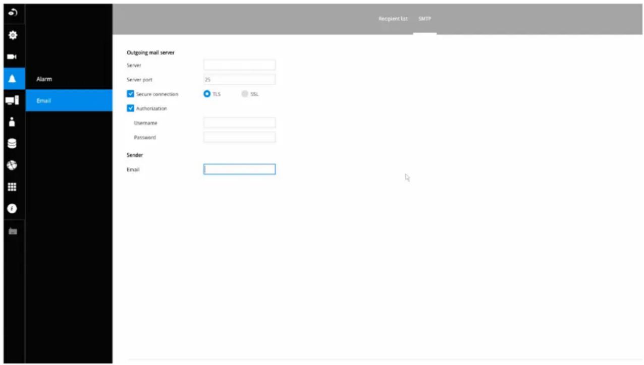 Recipient list SMTP Outgoing mail server Server Server port 25 Secure connection TLS SSL Authorization Username Password Sender Email
