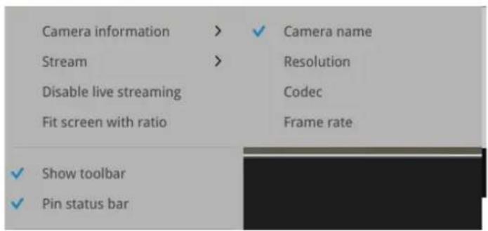 Camera information > Stream > Disable live streaming Fit screen with ratio ✓ Show toolbar ✓ Pin status bar ✓ Camera name Resolution Codec Frame rate