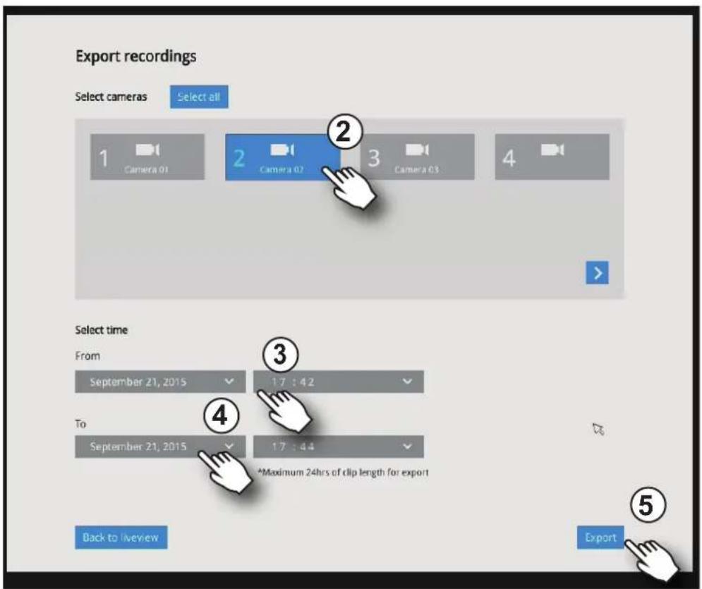 Export recordings Select cameras Select all 1 Camera 01 2 Camera 02 3 Camera 03 4 Select time From September 21, 2015 17:42 To September 21, 2015 17:44 *Maximum 24hrs of clip length for export Back to liveview Export