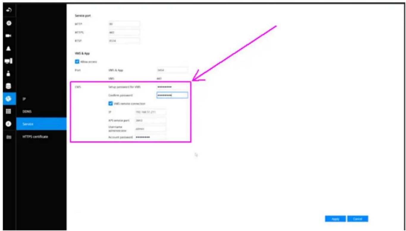 Service port HTTP: 301 HTTPS: 442 RTSP: 9534 VMS & App ✓ Allow access Port: VMS & App 3454 VMS: 442 DNS Setup password for VMS ********** Confirm password ********** ✓ VMS remote connection IP: 702, 168, 57, 211 API service port: 364.3 Username: admin Administrator: admin Account password ********** Apply Cancel