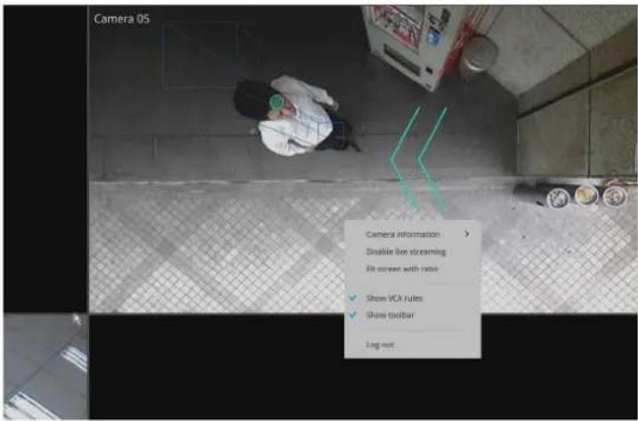 Camera 05 Camera information > Disable fun streaming Fit screen with ratio ✓ Show VCA rules ✓ Show toolbar Log out