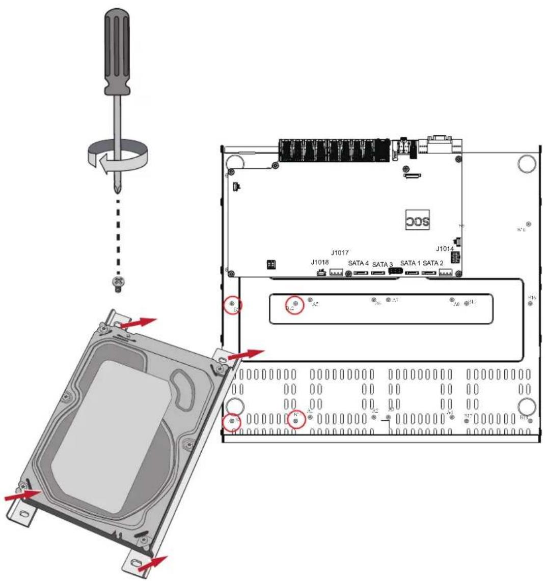 Technical diagram showing assembly of a computer interface with labeled components including screwdriver, switch, and SATA ports