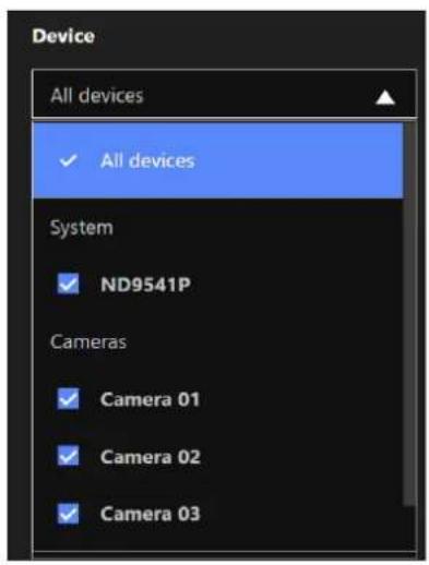 Device All devices ✓ All devices System ✓ ND9541P Cameras ✓ Camera 01 ✓ Camera 02 ✓ Camera 03