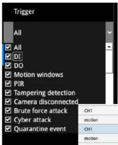 Trigger All All DI DO Motion windows PIR Tampering detection Camera disconnected Brute force attack Cyber attack Quarantine event CH1 motion CH1 motion