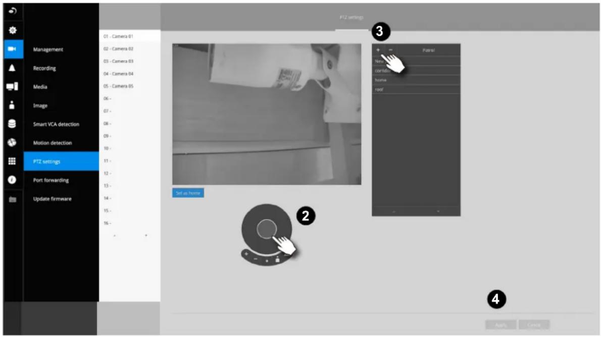 PTZ settings 01 - Camera 01 02 - Camera 02 03 - Camera 03 04 - Camera 04 05 - Camera 05 06 - 07 - 08 - 09 - 10 - PTZ settings 11 - Port forwarding 12 - Update firmware Set as home Patrol New control home roof 2 Apply Cancel