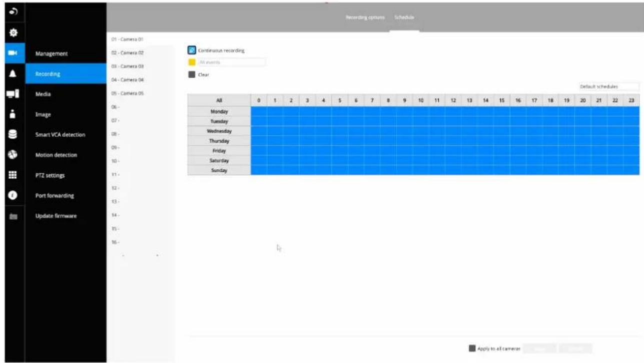 Recording options Schedule Management Recording Media Image Smart VCA detection Motion detection PTZ settings Port forwarding Update firmware 01 - Camera 01 02 - Camera 02 03 - Camera 03 04 - Camera 04 05 - Camera 05 Continuous recording All events Clear Default schedules All 0 1 2 3 4 5 6 7 8 9 10 11 12 13 14 15 16 17 18 19 20 21 22 23 Monday Tuesday Wednesday Thursday Friday Saturday Sunday Apply to all cameras