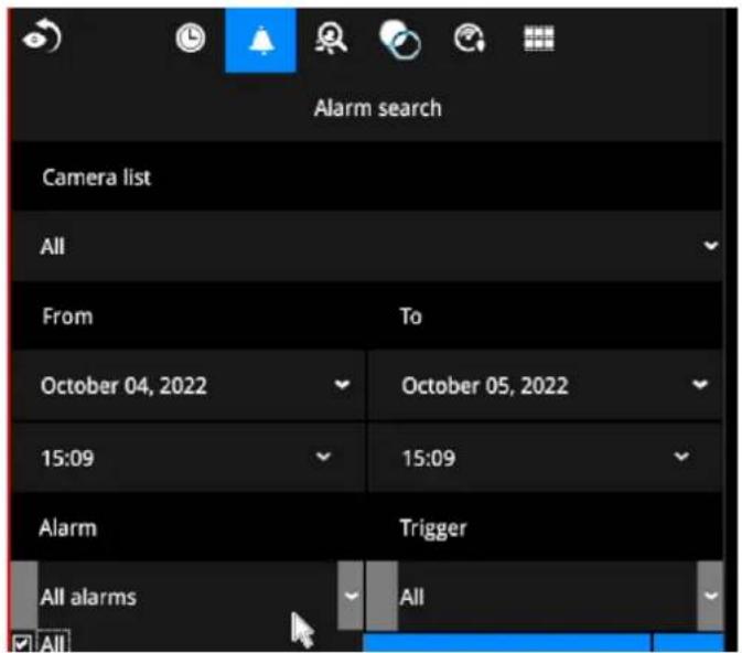 Alarm search Camera list All From To October 04, 2022 October 05, 2022 15:09 15:09 Alarm Trigger All alarms All
