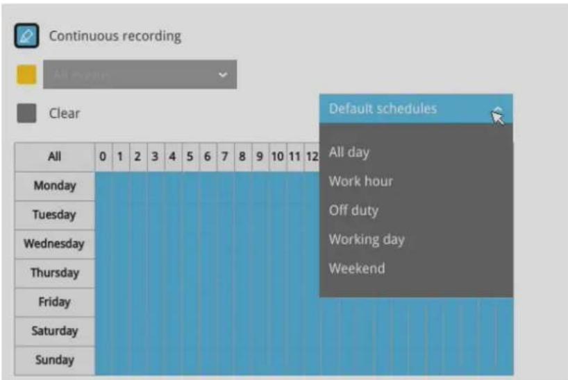 Continuous recording All events Clear Default schedules All day Work hour Off duty Working day Weekend All Monday Tuesday Wednesday Thursday Friday Saturday Sunday