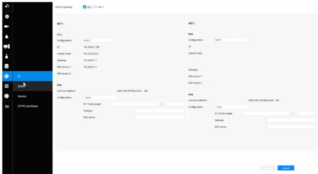 Default gateway Net 1 Net 2 NET 1 IPv4 Configuration: DHCP IP: 192.168.51.108 Subnet mask: 255.255.255.0 Gateway: 192.168.51.1 DNS server 1: 192.168.51.1 DNS server 2: IPv6 Link local address: fe80:202±1ff:fea3:5cd1 /64 Configuration: Auto IP / Prefix length Gateway DNS server NET 2 IPv4 Configuration: DHCP IP: Subnet mask: Gateway: DNS server 1: DNS server 2: IPv6 Link local address: fe80:202±1ff:fea3:5cd2 /64 Configuration: Auto IP / Prefix length Gateway: DNS server Cancel