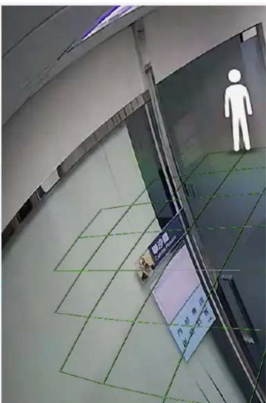 Street photo showing a building entrance with a white human figure and a green grid floor, featuring a signboard with Chinese text.