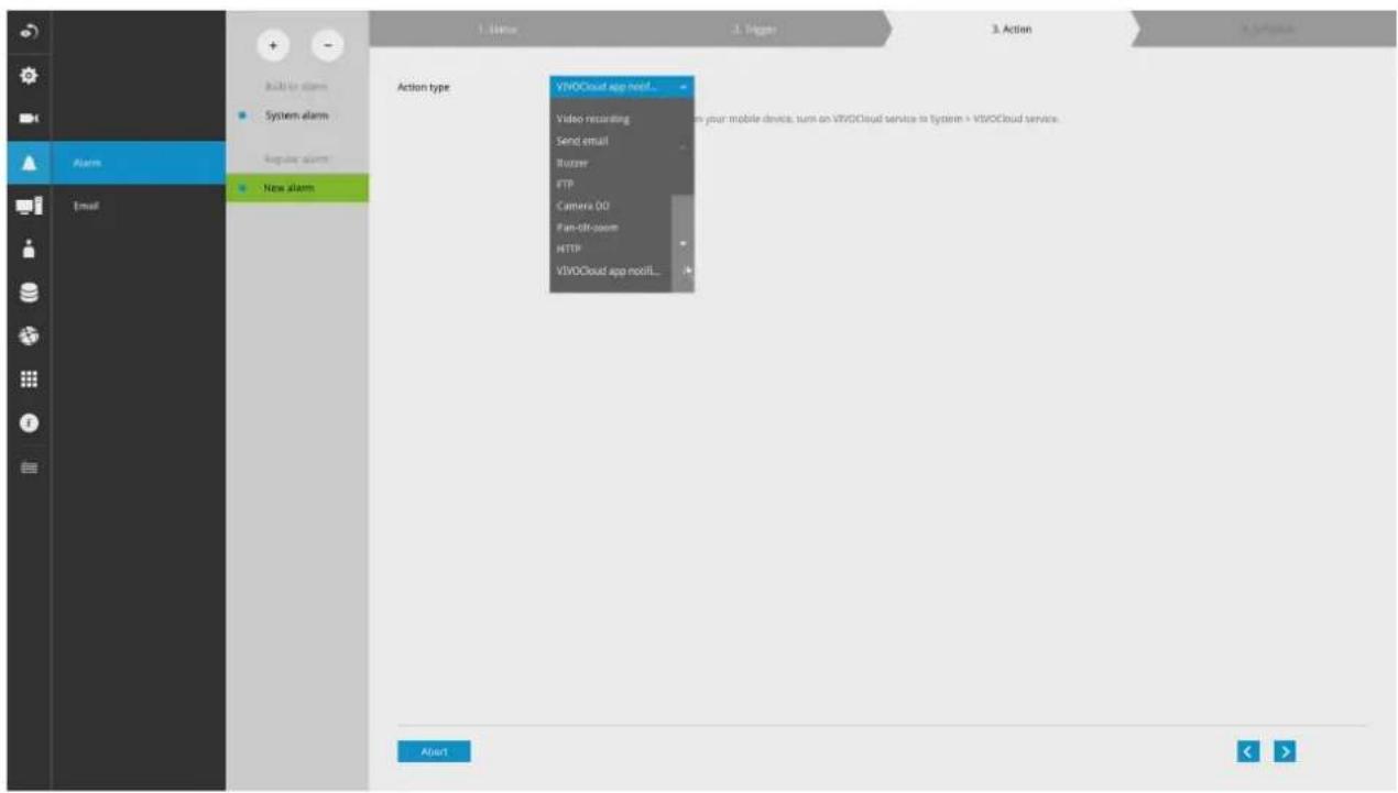 Action type VIVOCloud app next... Video recording Send email Rutzer FTP Camera 00 Fun-off room HTTP VIVOCloud app notil... Video recording Send email Rutzer FTP Camera 00 Fun-off room HTTP VIVOCloud app notil... Alert