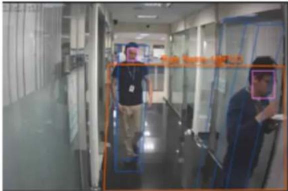 Photo of a medical facility hallway with two individuals wearing masks, one holding a device, and bounding boxes highlighting facial features.