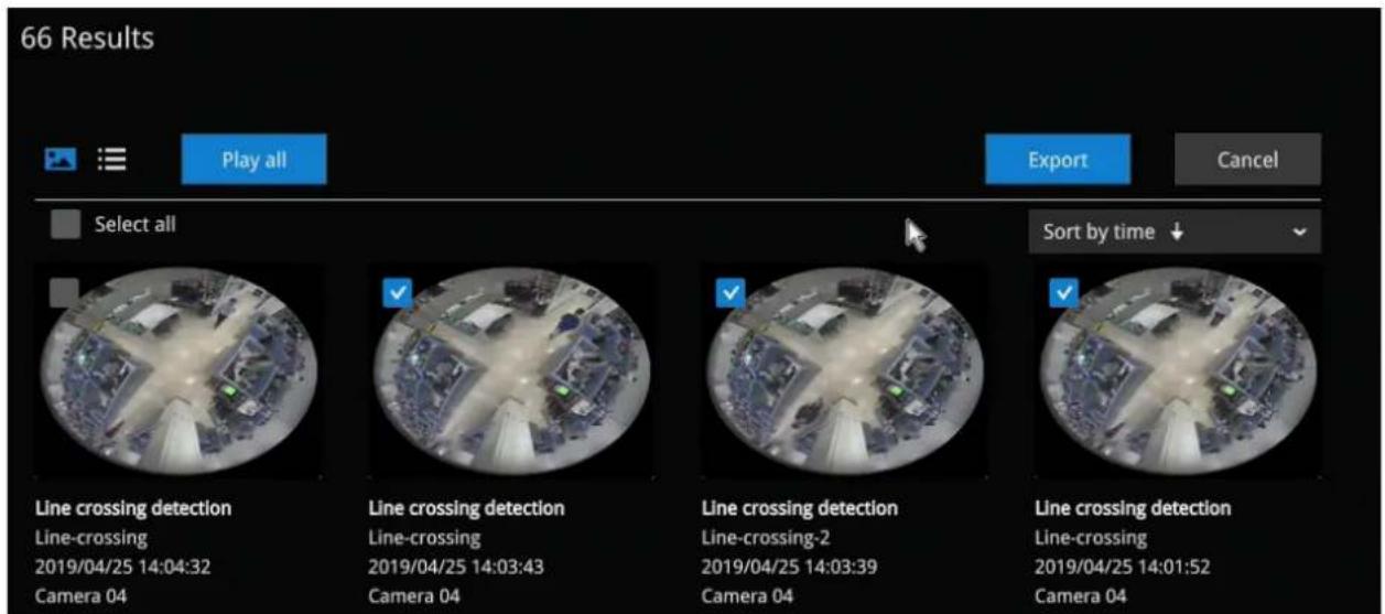 66 Results Play all Export Cancel Select all Sort by time Line crossing detection Line-crossing 2019/04/25 14:04:32 Camera 04 Line crossing detection Line-crossing 2019/04/25 14:03:43 Camera 04 Line crossing detection Line-crossing-2 2019/04/25 14:03:39 Camera 04 Line crossing detection Line-crossing 2019/04/25 14:01:52 Camera 04