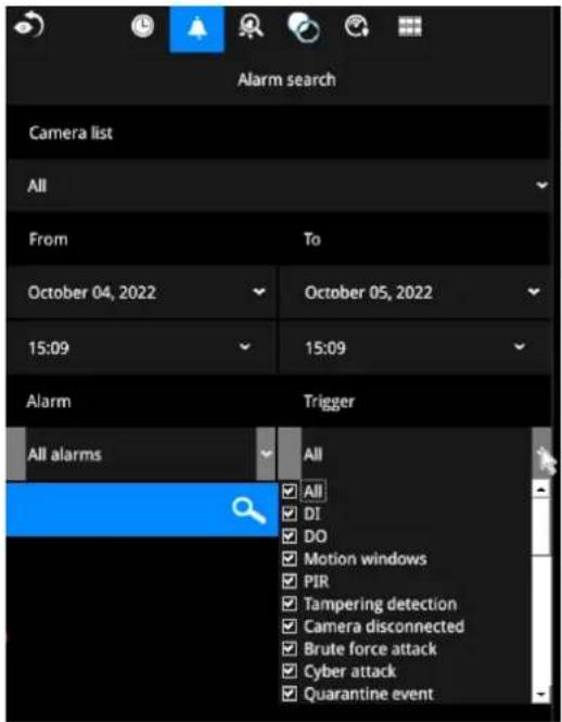 Alarm search Camera list All From To October 04, 2022 October 05, 2022 15:09 15:09 Alarm Trigger All alarms All All DI DO Motion windows PIR Tampering detection Camera disconnected Brute force attack Cyber attack Quarantine event