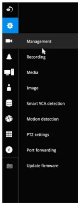 Management Recording Media Image Smart VCA detection Motion detection PTZ settings Port forwarding Update firmware