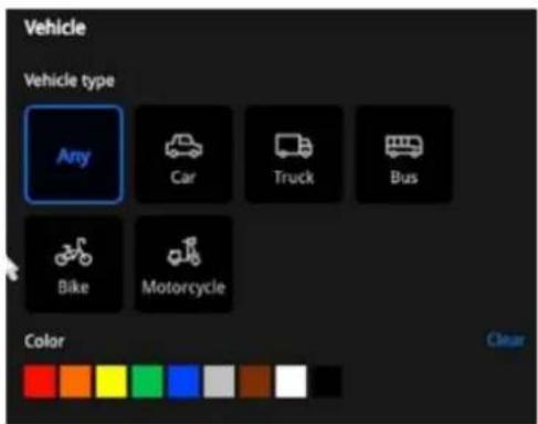 Vehicle Vehicle type Any Car Truck Bus Bike Motorcycle Color Clear