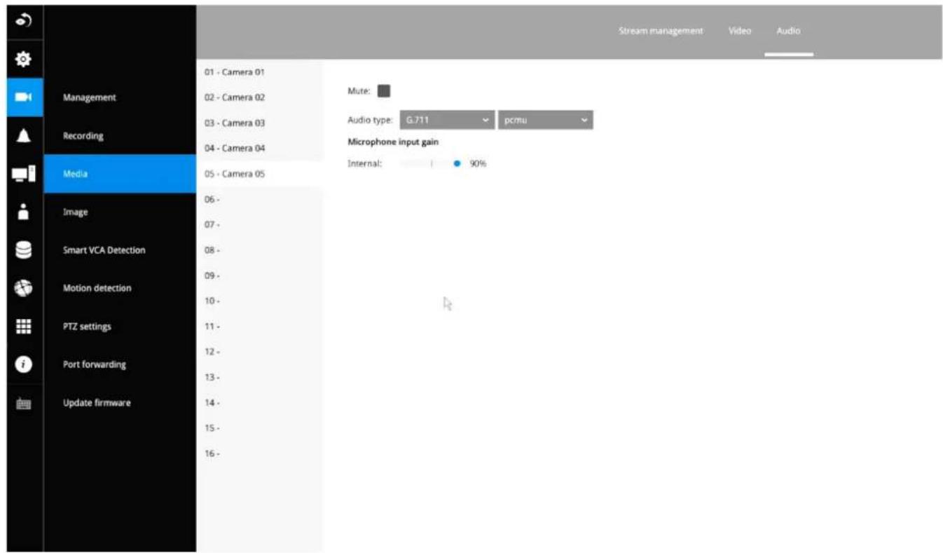Stream management Video Audio Management 01 - Camera 01 02 - Camera 02 03 - Camera 03 04 - Camera 04 Media 05 - Camera 05 Mute: Audio type: G.711 pcmu Microphone input gain Internal: 90% Image 06 - 07 - Smart VCA Detection 08 - 09 - Motion detection 10 - PTZ settings 11 - Port forwarding 12 - Update firmware 13 - 14 - 15 - 16 -