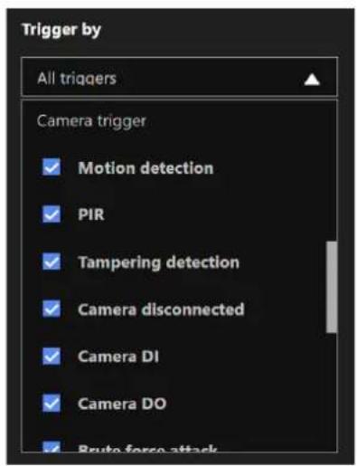 Trigger by All triggers Camera trigger ✓ Motion detection ✓ PIR ✓ Tampering detection ✓ Camera disconnected ✓ Camera DI ✓ Camera DO ✓ Brake force attack