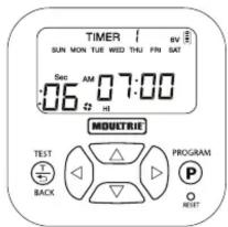 TIMER SUN MON TUE WED THU FNU 6V SAT Sec AM 07:00 06 # H MOUTRIE TEST PROGRAM BACK P RESET